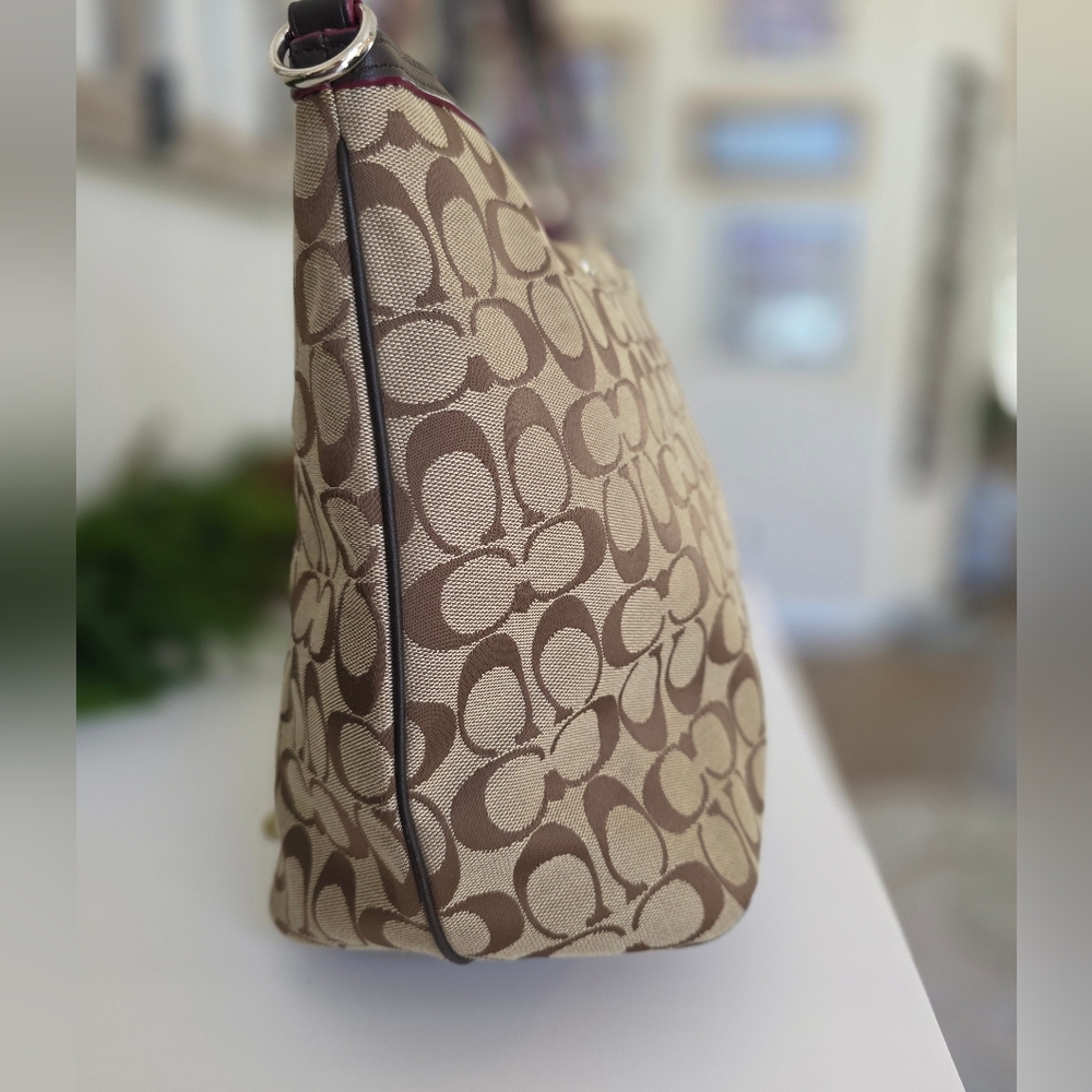 Coach Signature Pleat Tote - Khaki/Tan Canvas With Brown Leather & Pink Accents - Picture 7 of 16